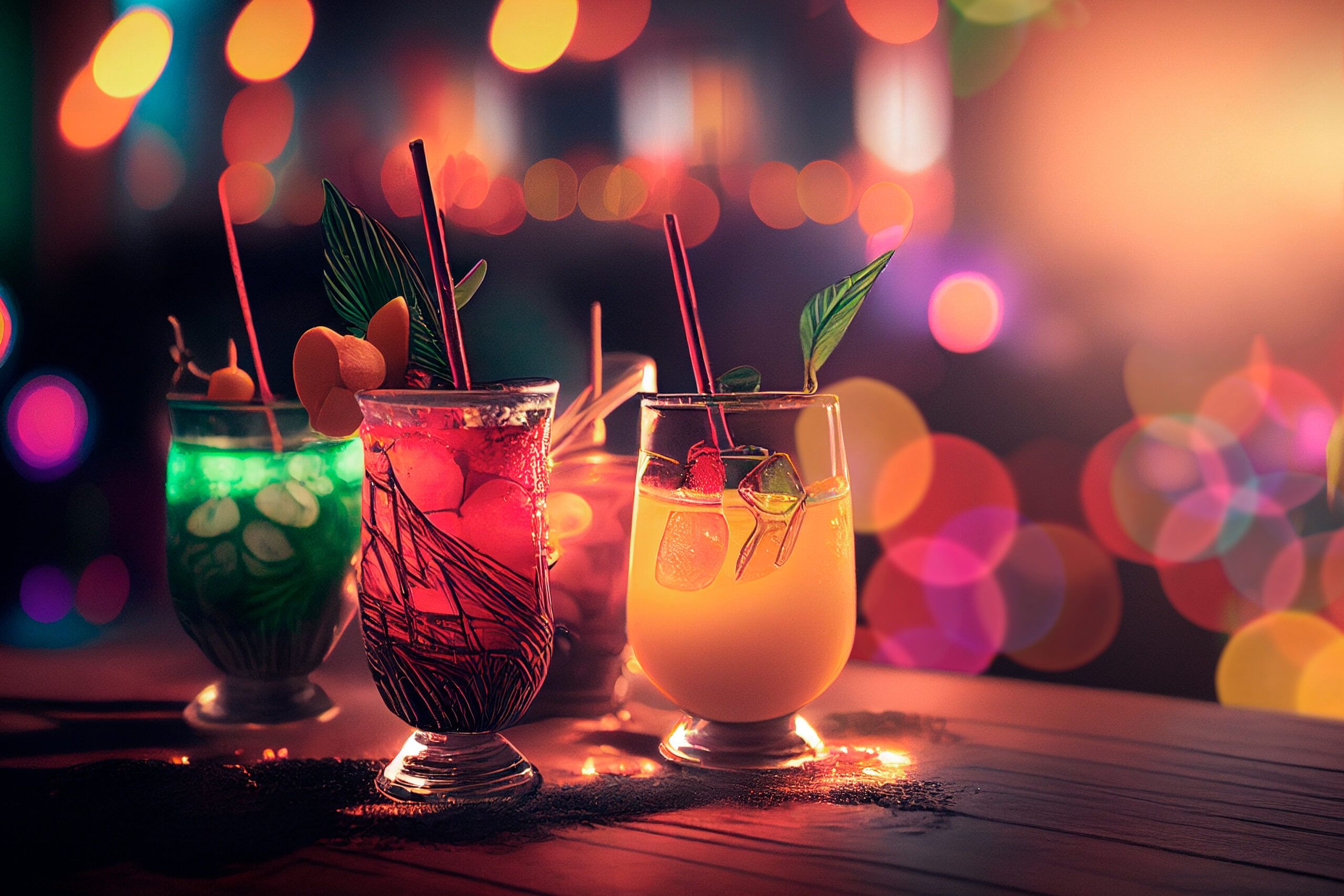 Tropical cocktails on a bar counter with bokeh party lights in the background. Nightlife and disco concept. Holidays, celebration, nightclub, bar, celebrate. Generative AI.